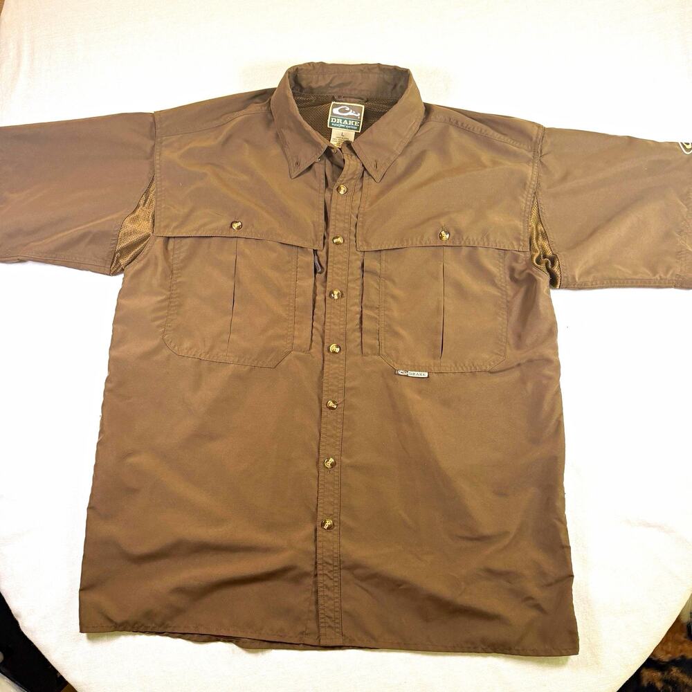 Drake Waterfowl Men's Large Fishing Shirt Brown Short Sleeve Vented Back Pockets